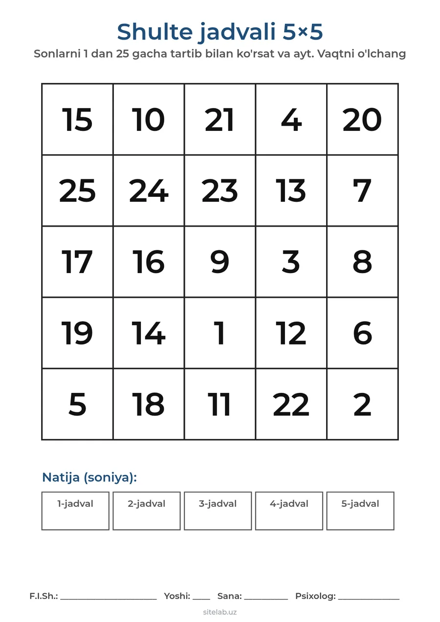 Shulte jadvali 5x5 blankasi
